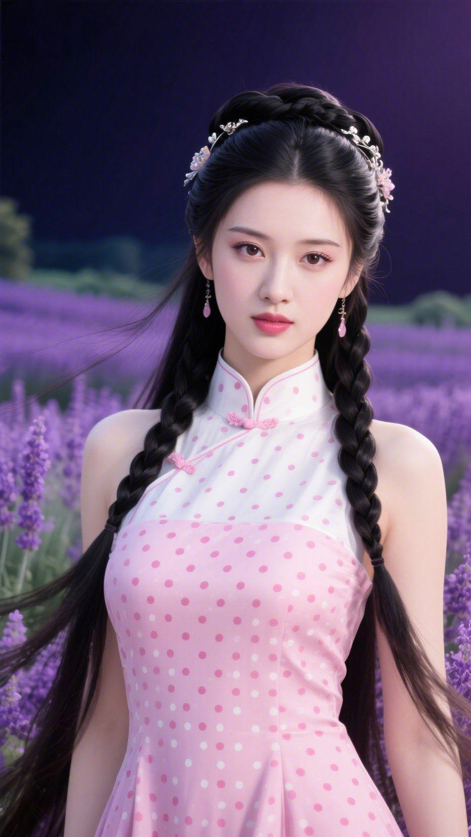 《紫野间的粉衫》暮色漫过薰衣草田时，她立在紫浪里，像揉进风里的一段轻梦。