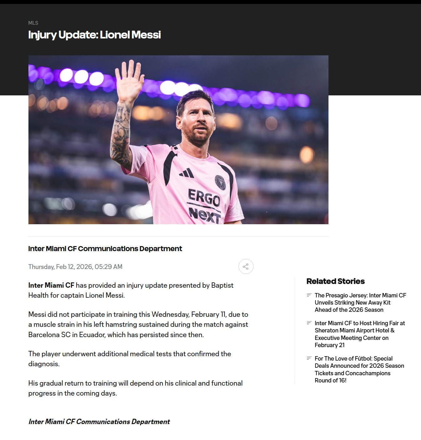 迈阿密国际官方更新梅西的伤情：梅西在对阵巴塞罗那SC队的比赛中左腿腘绳肌拉伤，且