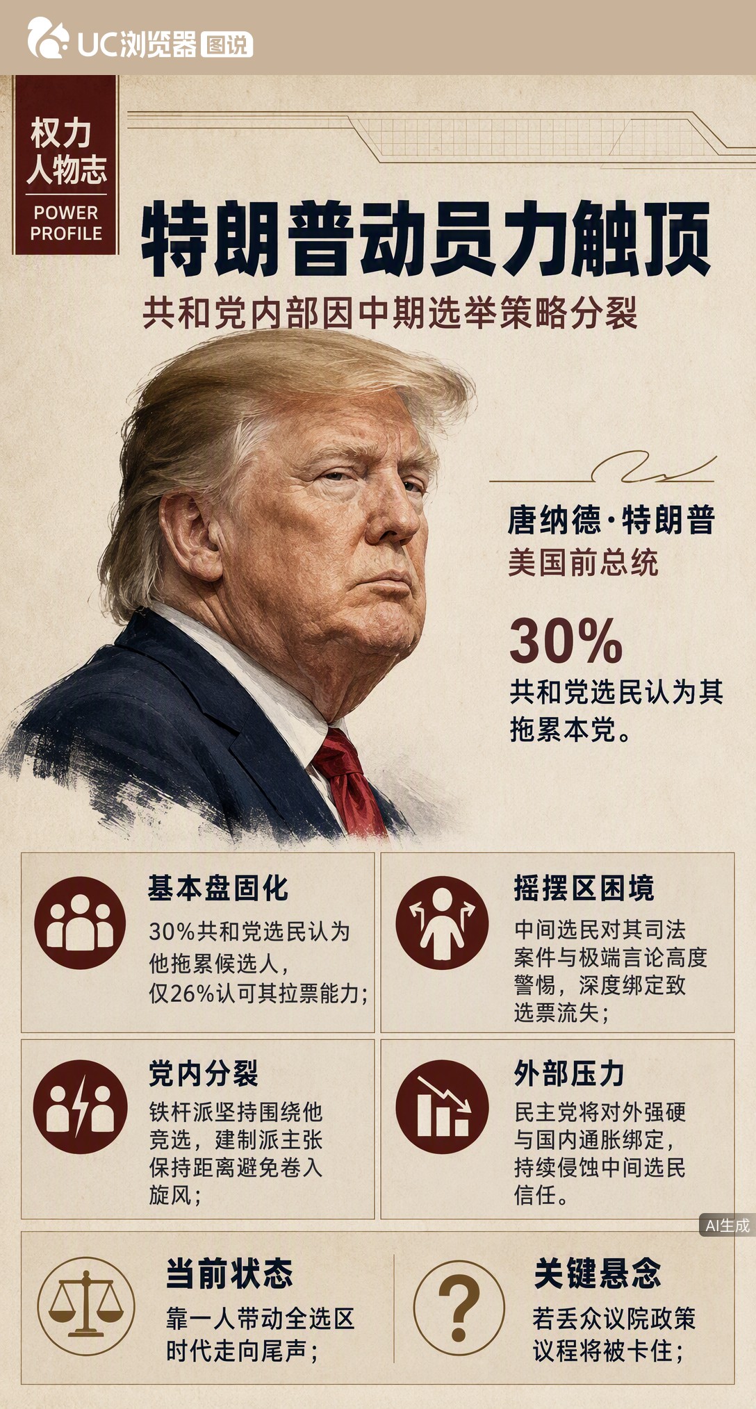 30%共和党选民嫌特朗普拖累本党，仅26%认他能拉票。摇摆区议员怕被贴标签丢中间选票，党内正酝酿切割