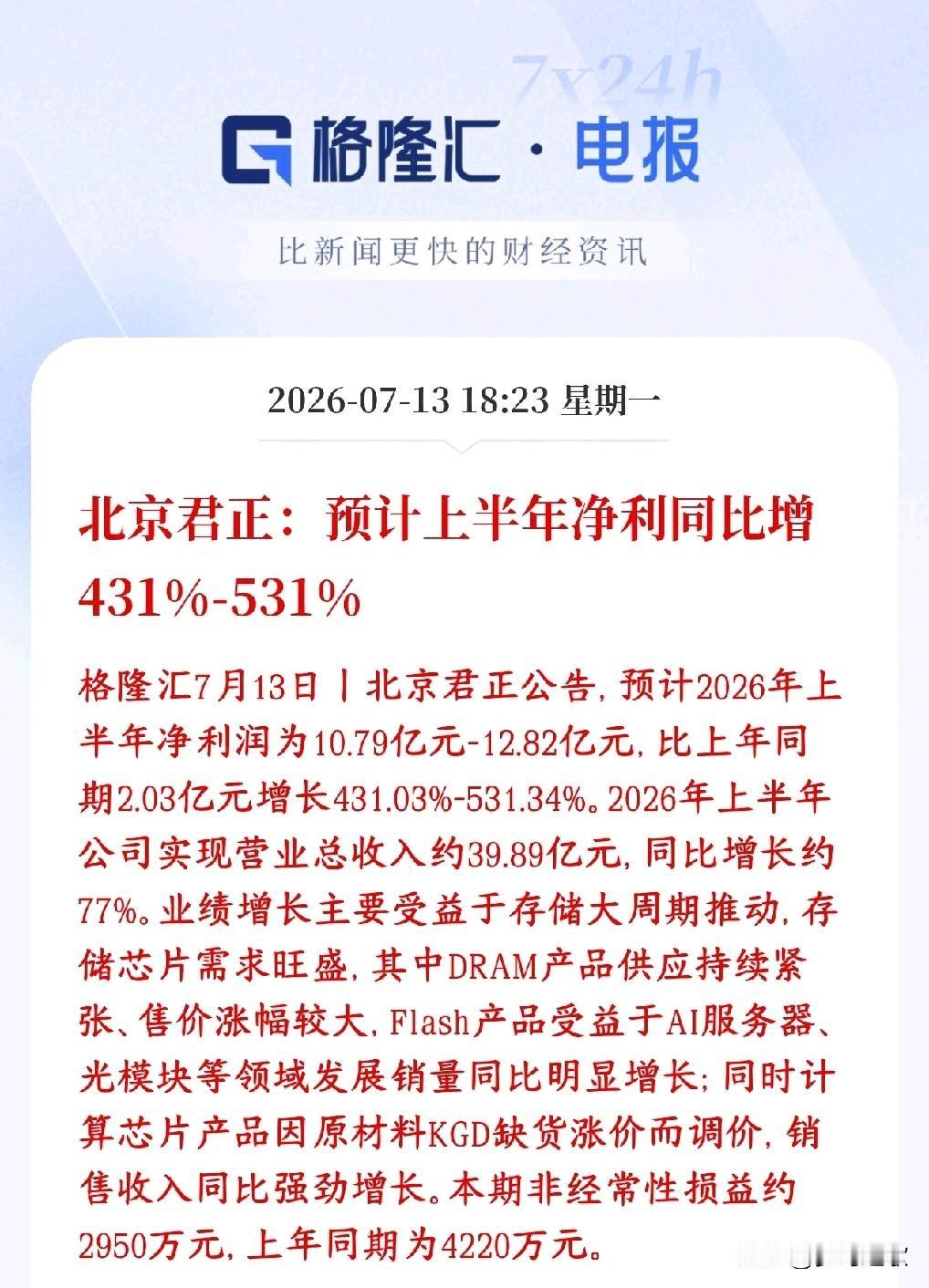 存储芯片龙头公布业绩，大超预期北京君正2026上半年赚10.79~12.82亿