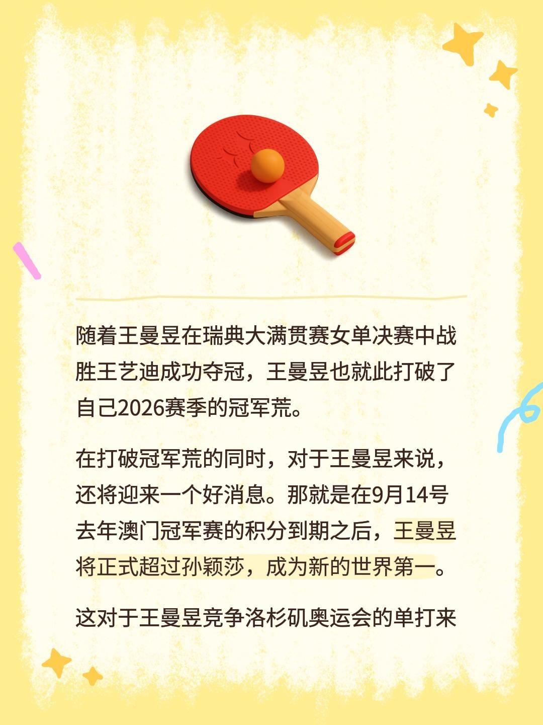 随着王曼昱在瑞典大满贯赛女单决赛中战胜王艺迪成功夺冠，王曼昱也就此打破了自己20
