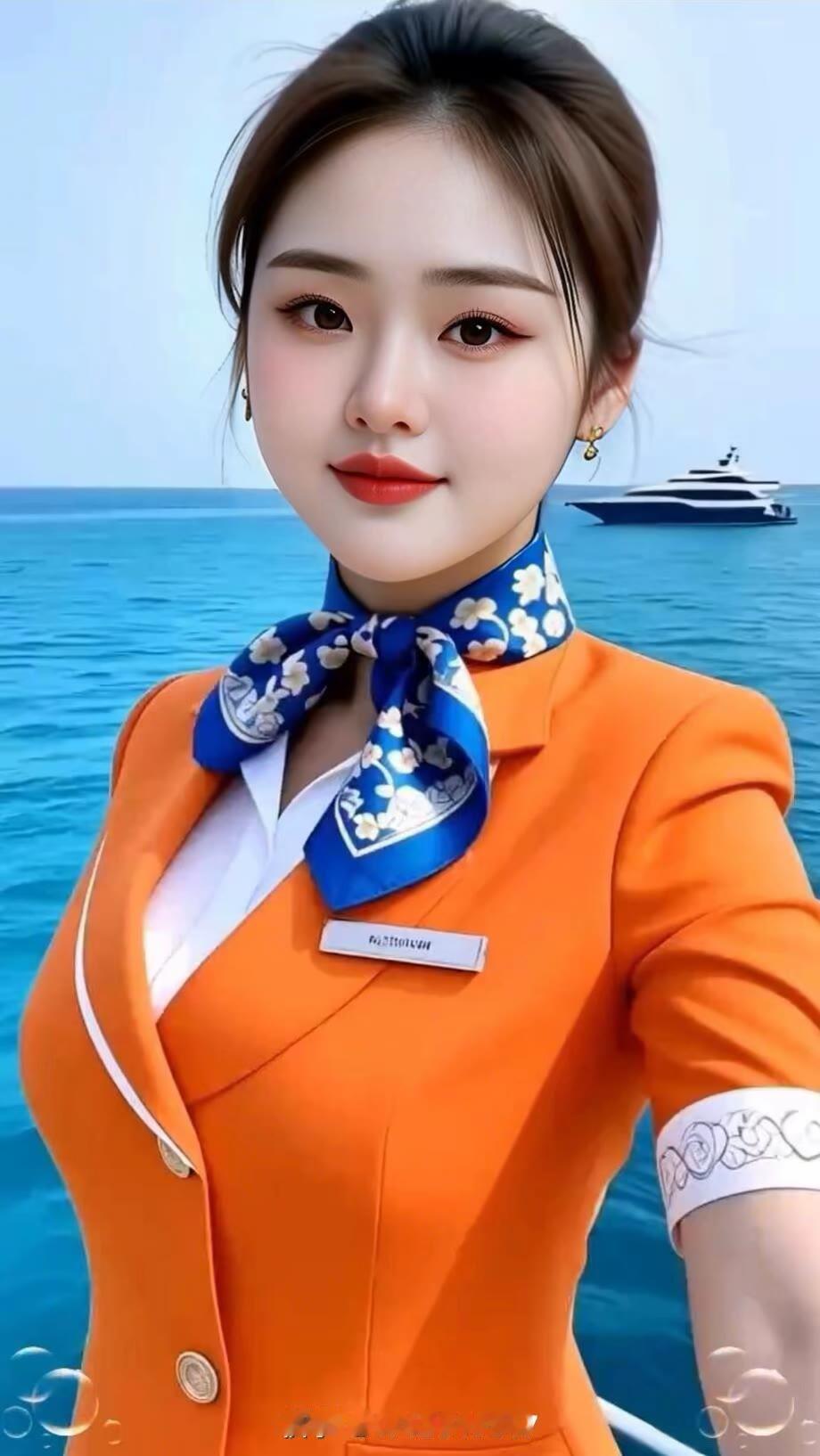 阳光明媚的海边，元气满满的空姐自拍🌊👗