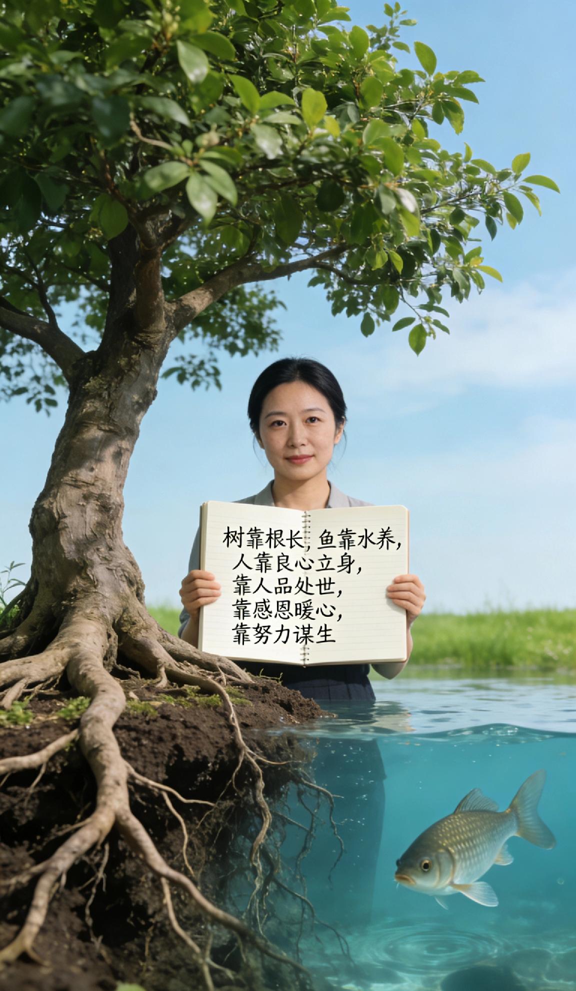 树靠根长,鱼靠水养,人靠啥?树靠根长，方能根深叶茂；鱼靠水养，方能自在余生。