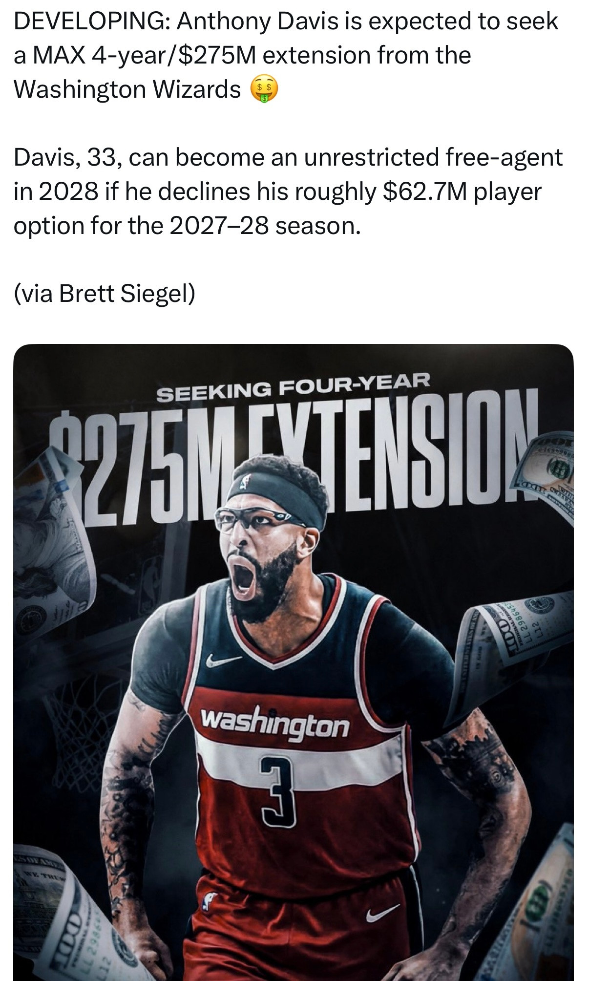 BrettSiegel：安东尼·戴维斯预计将向华盛顿奇才队索要一份4年2.75
