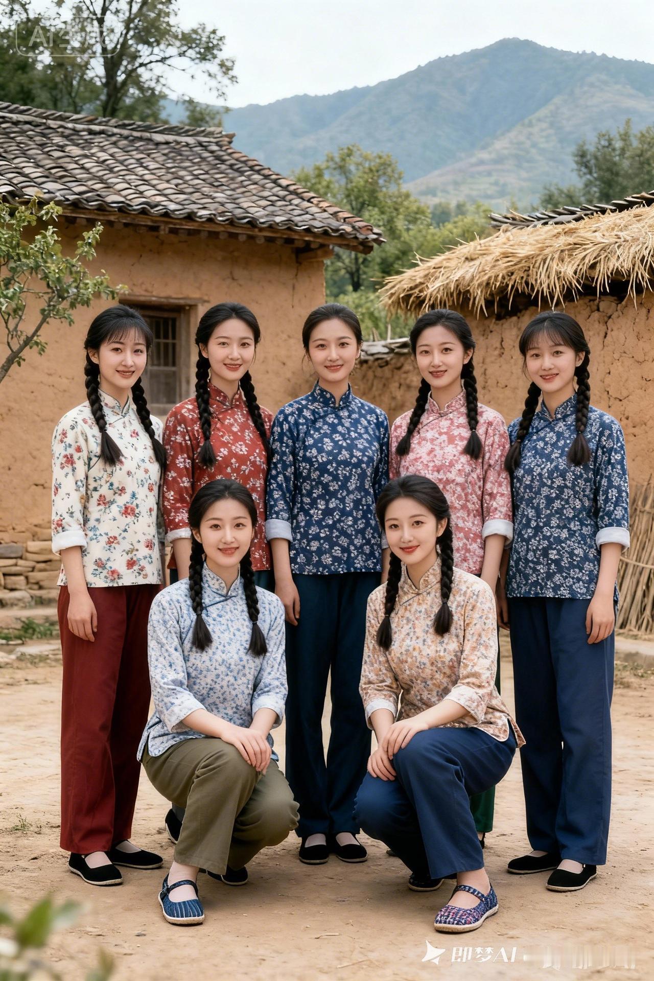 青春洋溢的姐妹们，在乡村的土坯房前合影留念，笑容灿烂，充满活力！🌿👭📸