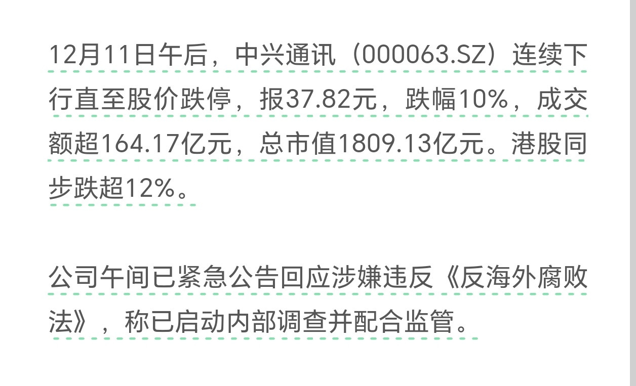 中兴通讯逼近跌停中兴手机地震了呀？发生啥事了？涉嫌违反《反海外腐败法》…