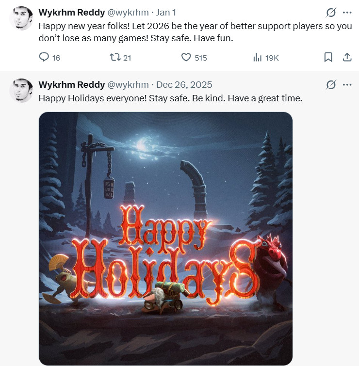 知名"舅舅党"Reddy发推祝所有刀塔玩家新年快乐，文案中他还特别提了一句"20