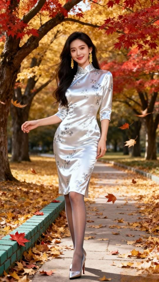 树阴下，白旗袍女子在摆拍艺术照。旗袍旗袍女