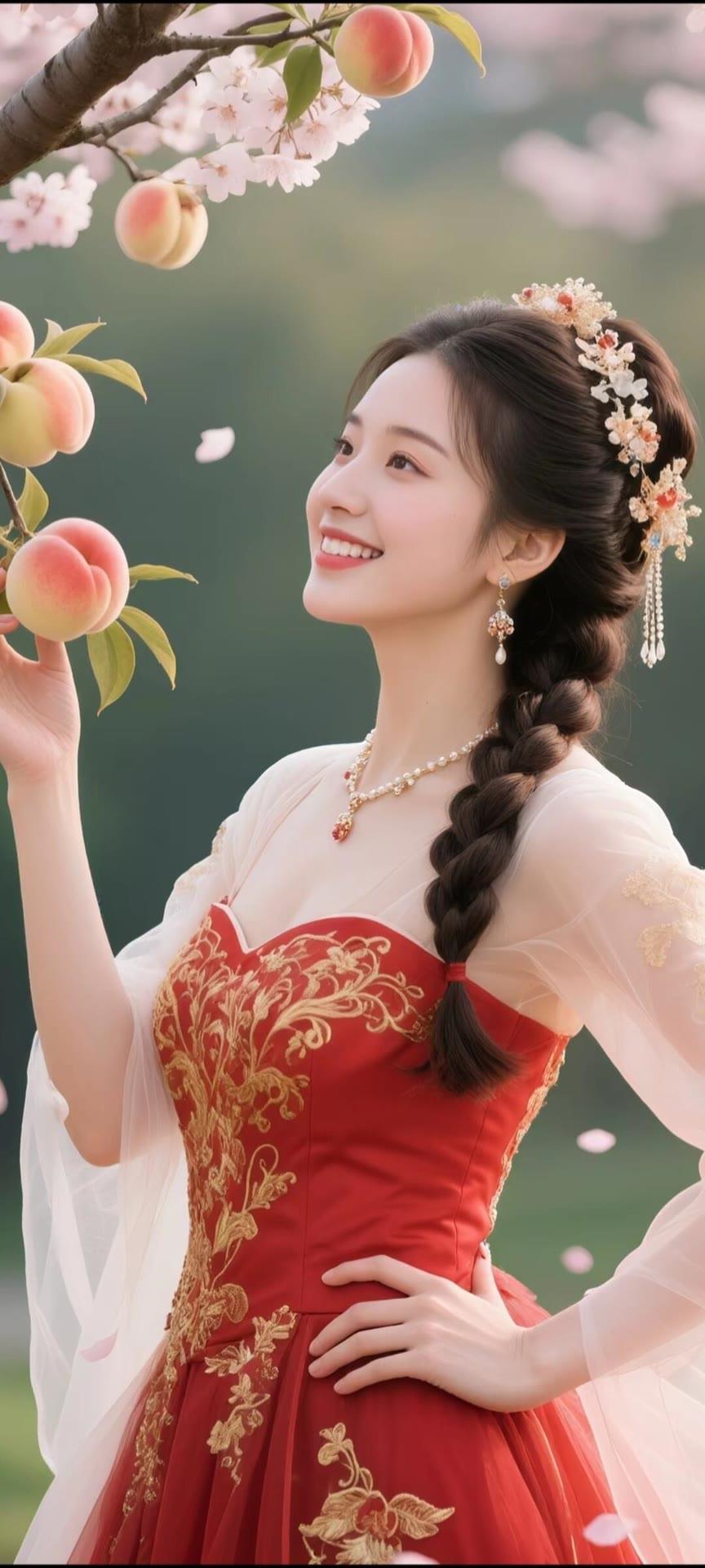 春日桃花笑，红裙美人娇。