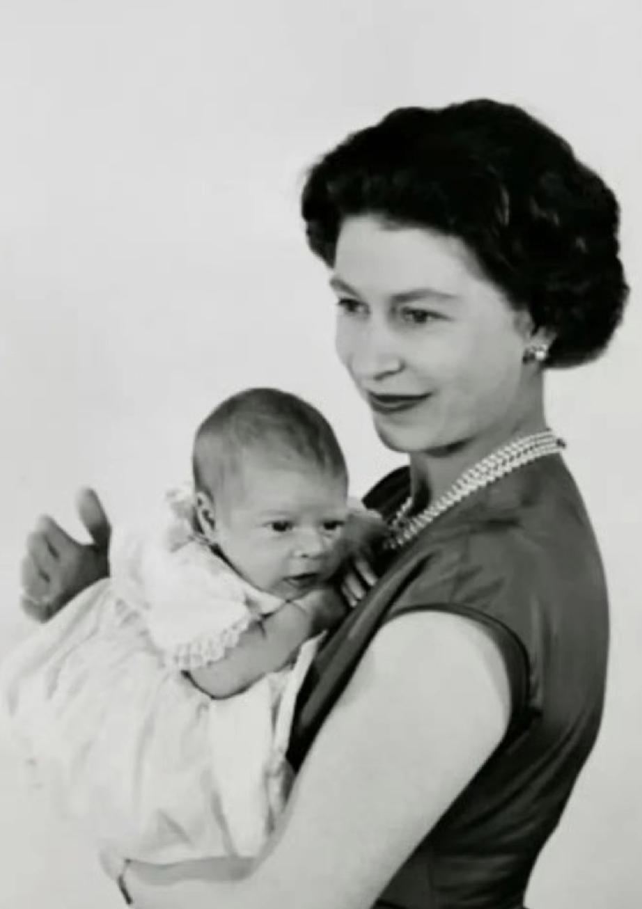 年轻的安德鲁王子帅的像个大明星。她是女王伊丽莎白二世的第二个儿子，趴在妈妈怀里