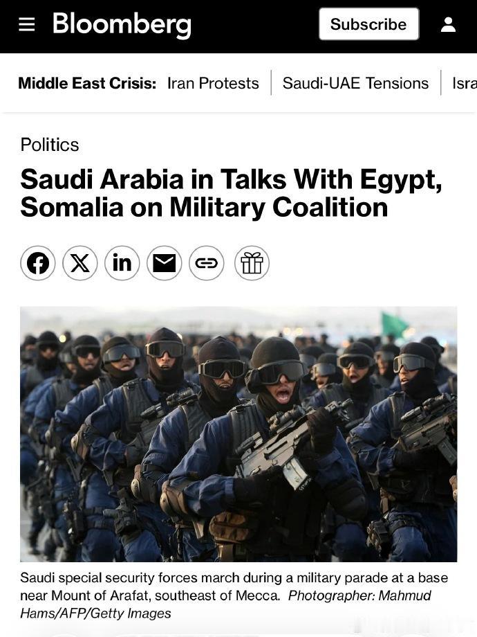 彭博社报道：“沙特阿拉伯正与索马里和埃及敲定一项关于组建新的军事联盟的协议，这是
