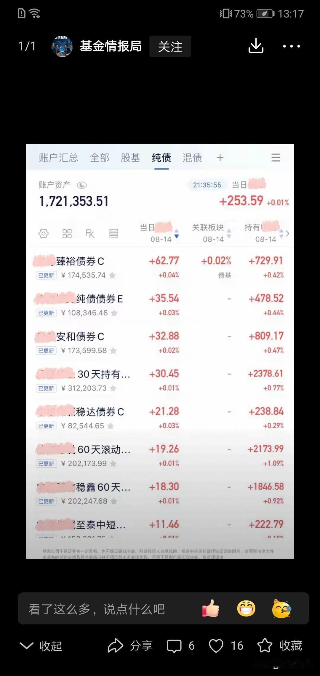 这哥们170多万买纯债，债基，一天搏了250元，只是8月14日后债市调整大，按照