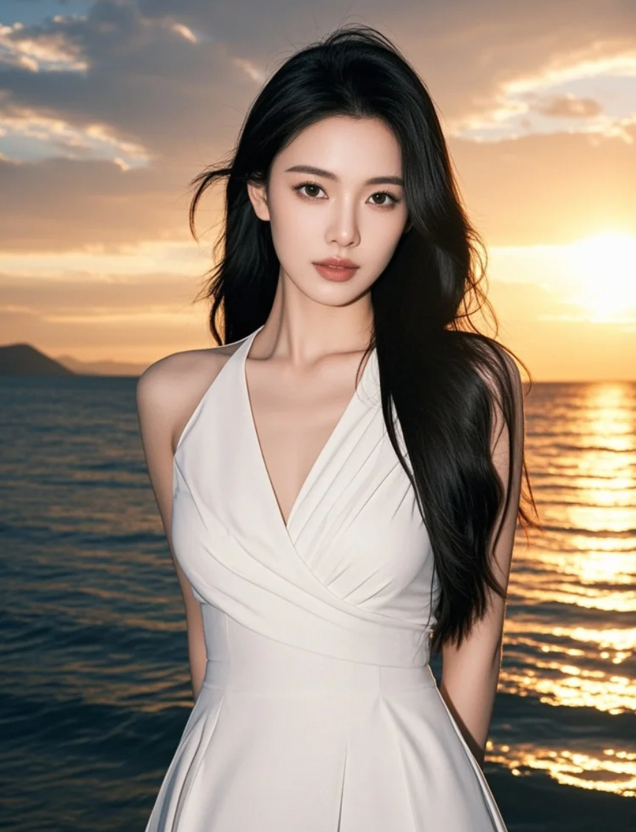 白裙女子，黄昏中的静谧之美