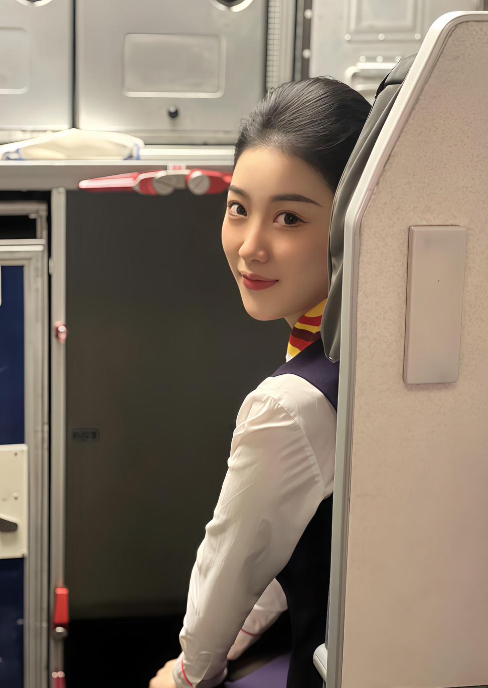 空姐微笑迎接乘客，机舱内温馨舒适。