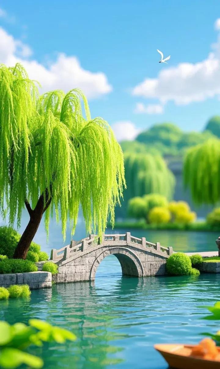 “静谧湖畔，白鹭翩翩，古桥映碧波”🍃🌊🕊️