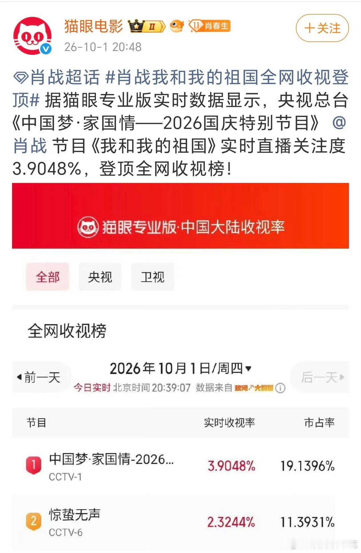 央视《中国梦·家国情——2026国庆特别节目》肖战演唱的《我和我的祖国》，直播关