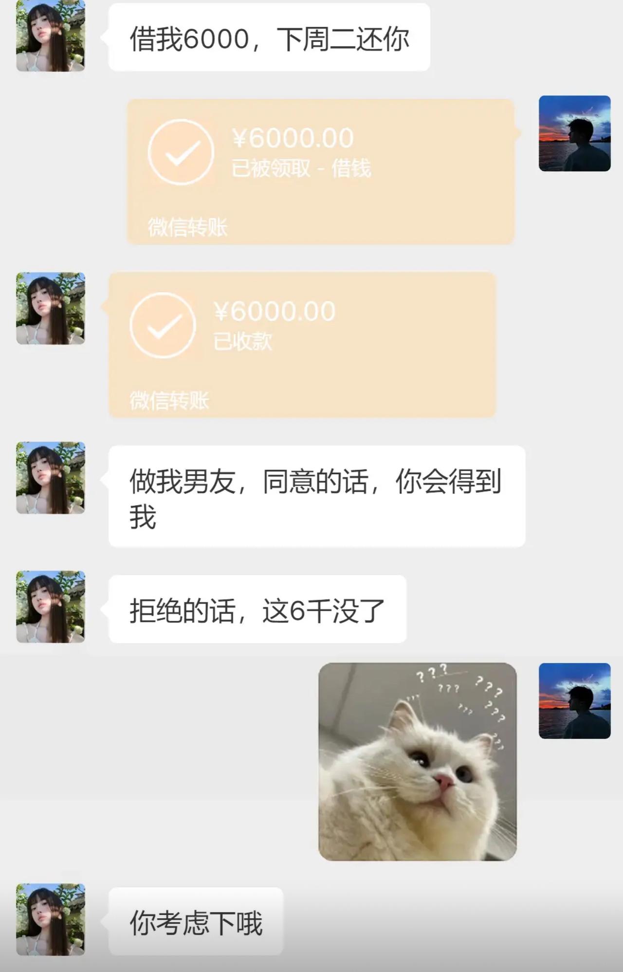 本以为是普通借钱救急，没想到是恩将仇报的圈套。女生开口借六千，拍胸脯说下周二必