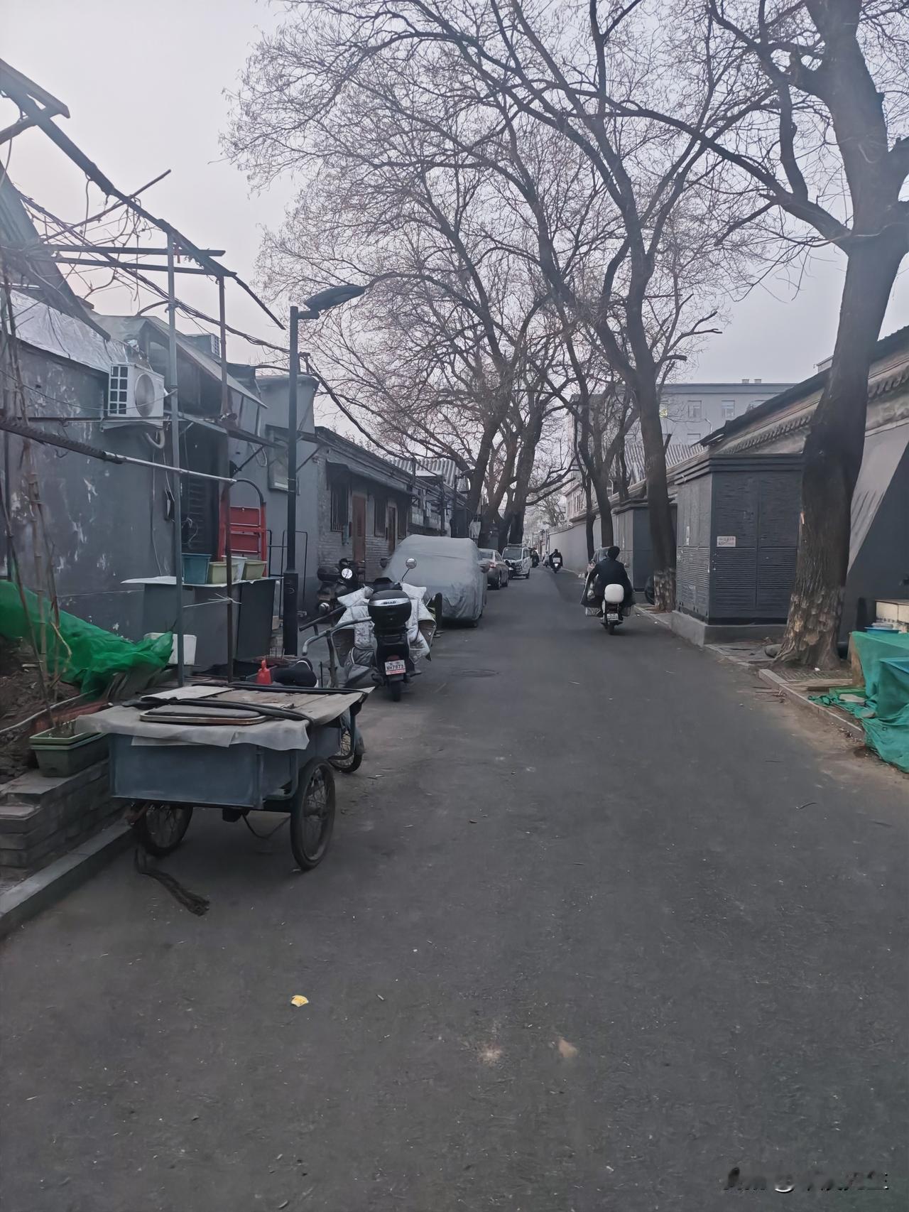 北京的胡同，路边都是挺满了汽车，电动车和其他杂物。这条路挺宽的，挺了车还有这么宽