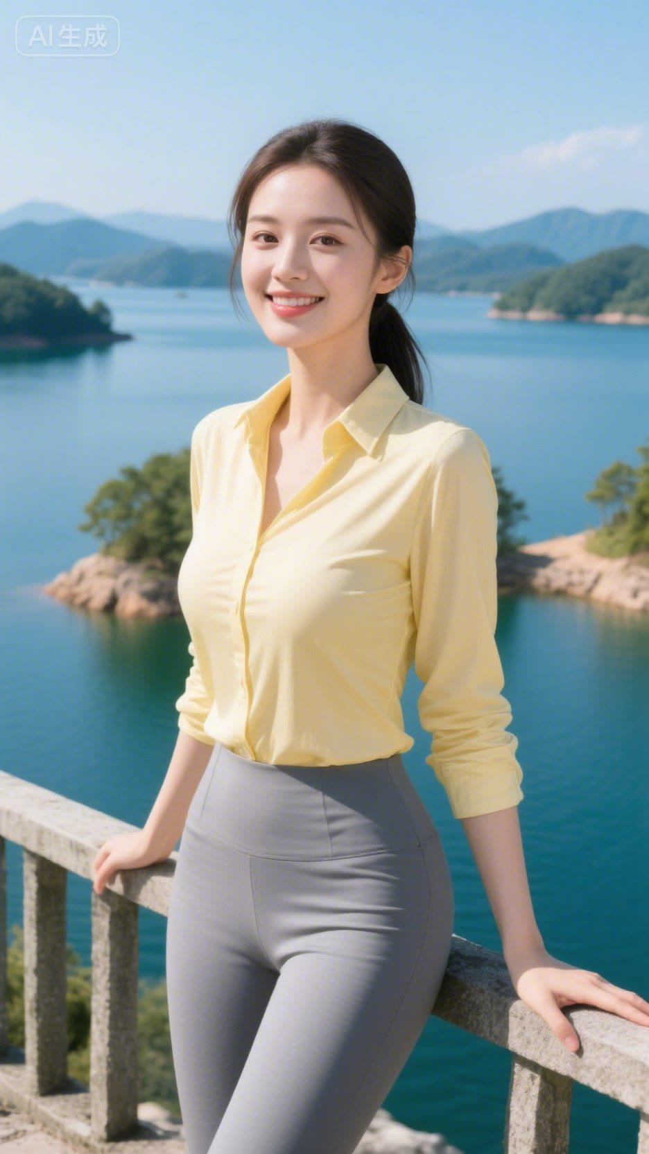 阳光明媚的湖畔，元气少女微笑面对镜头，元气满满的一天！🌞💛💙