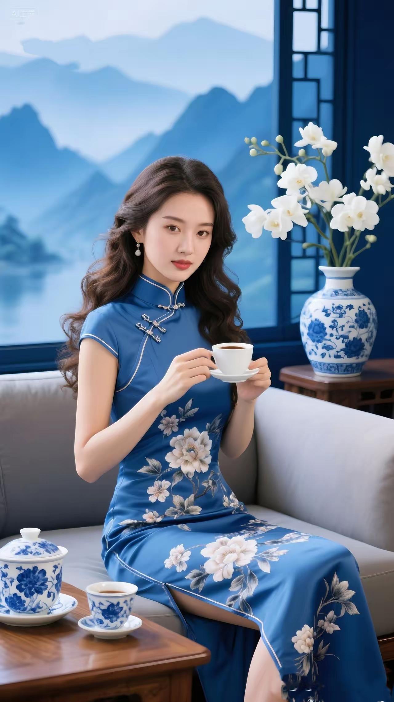 优雅蓝调旗袍，品味东方韵味，静享茶香时光。