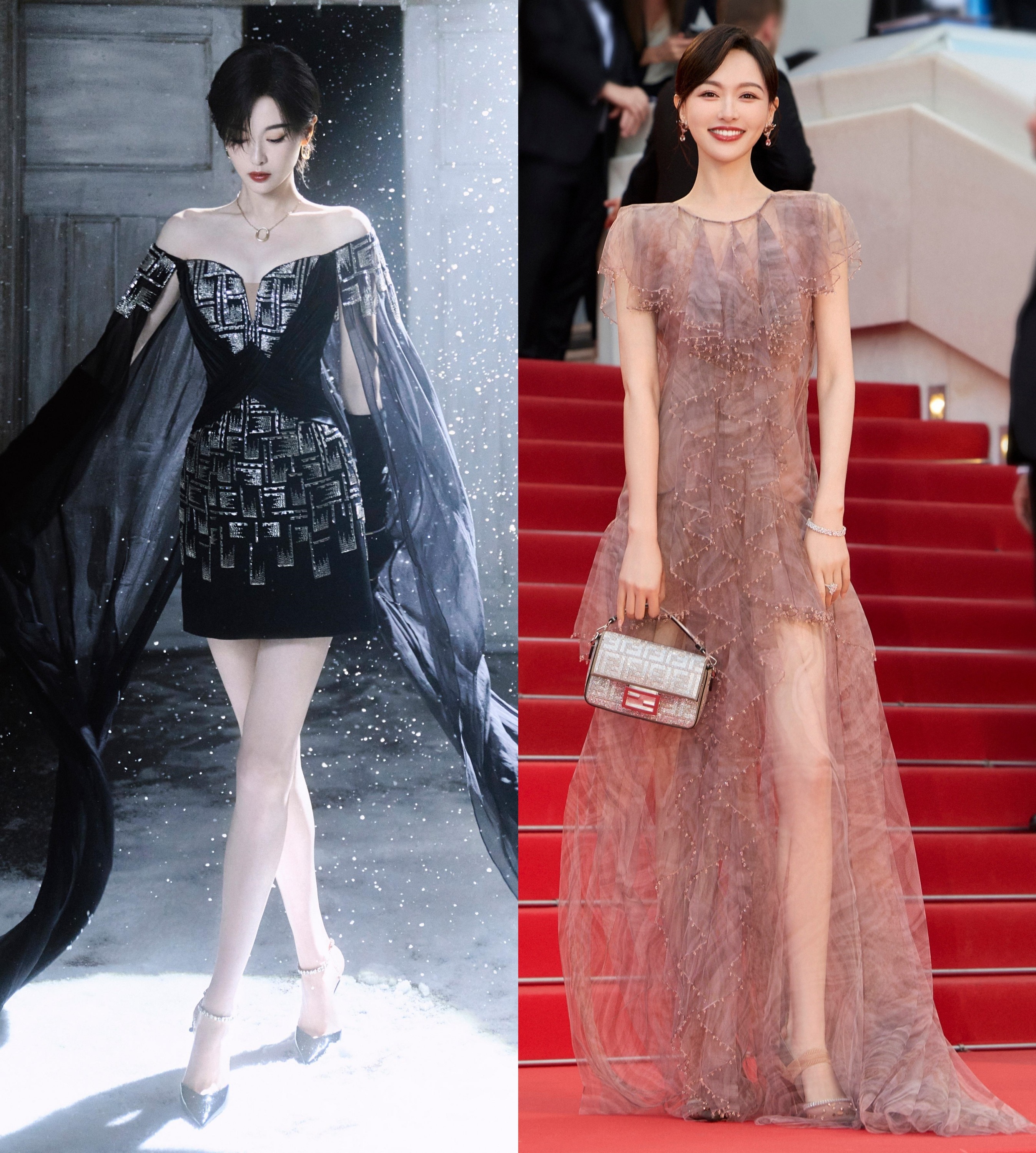 唐嫣高级感穿搭壁纸：烟紫薄纱裙配大长腿，养眼吸睛。唐嫣