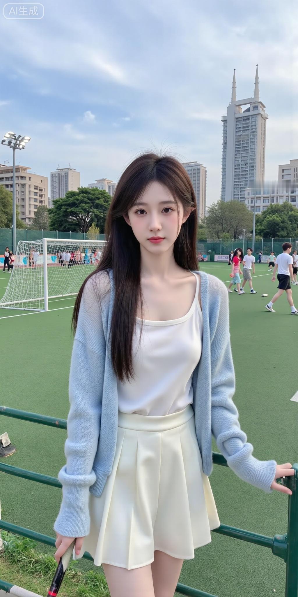 操场的风裹着青春气，浅蓝开衫搭奶白裙，长发垂在肩头的她，像把春日的温柔揉进了晴朗