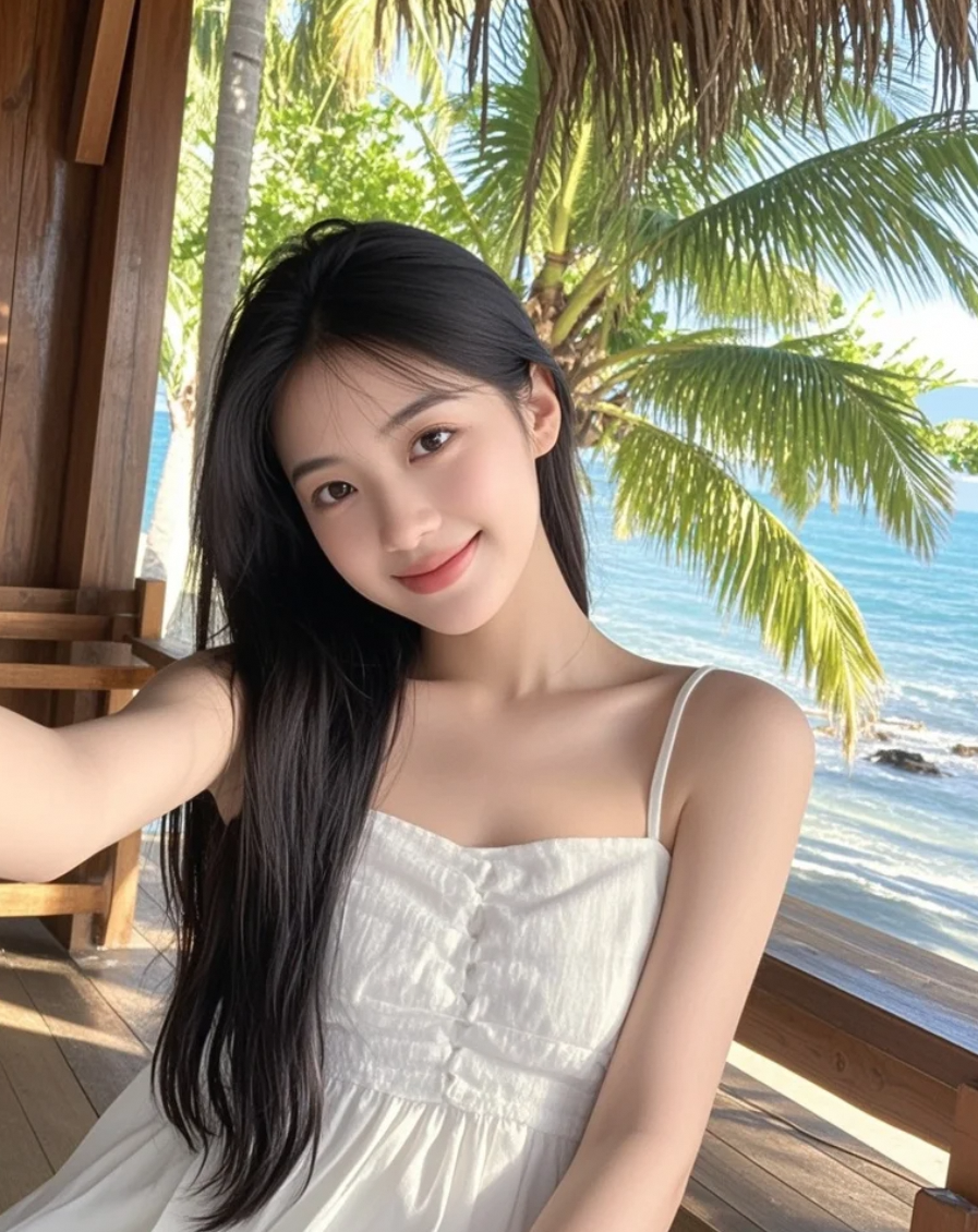 悠闲海边假期：美女在木屋旁与海和树共度美好时光