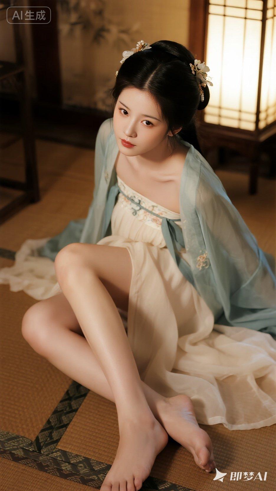 温柔古风少女，静坐竹林间，花簪点缀发间，恬静如画。