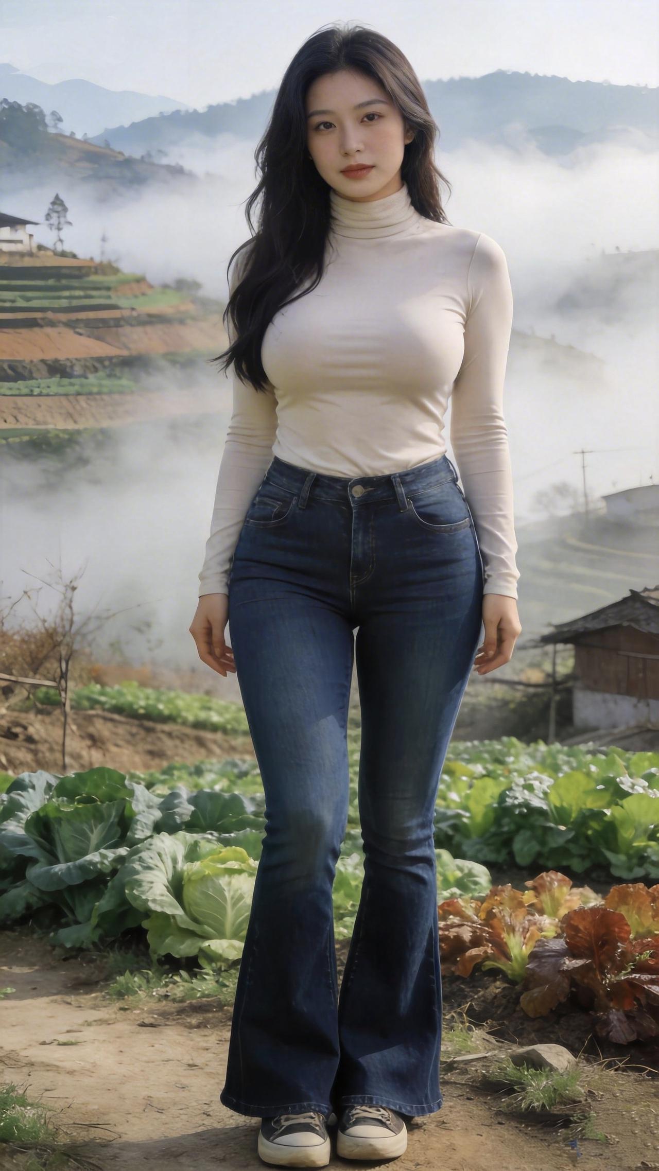 《山雾里的日常》晨雾漫过田埂把远山揉成淡墨的画她站在菜畦边牛仔裤沾着