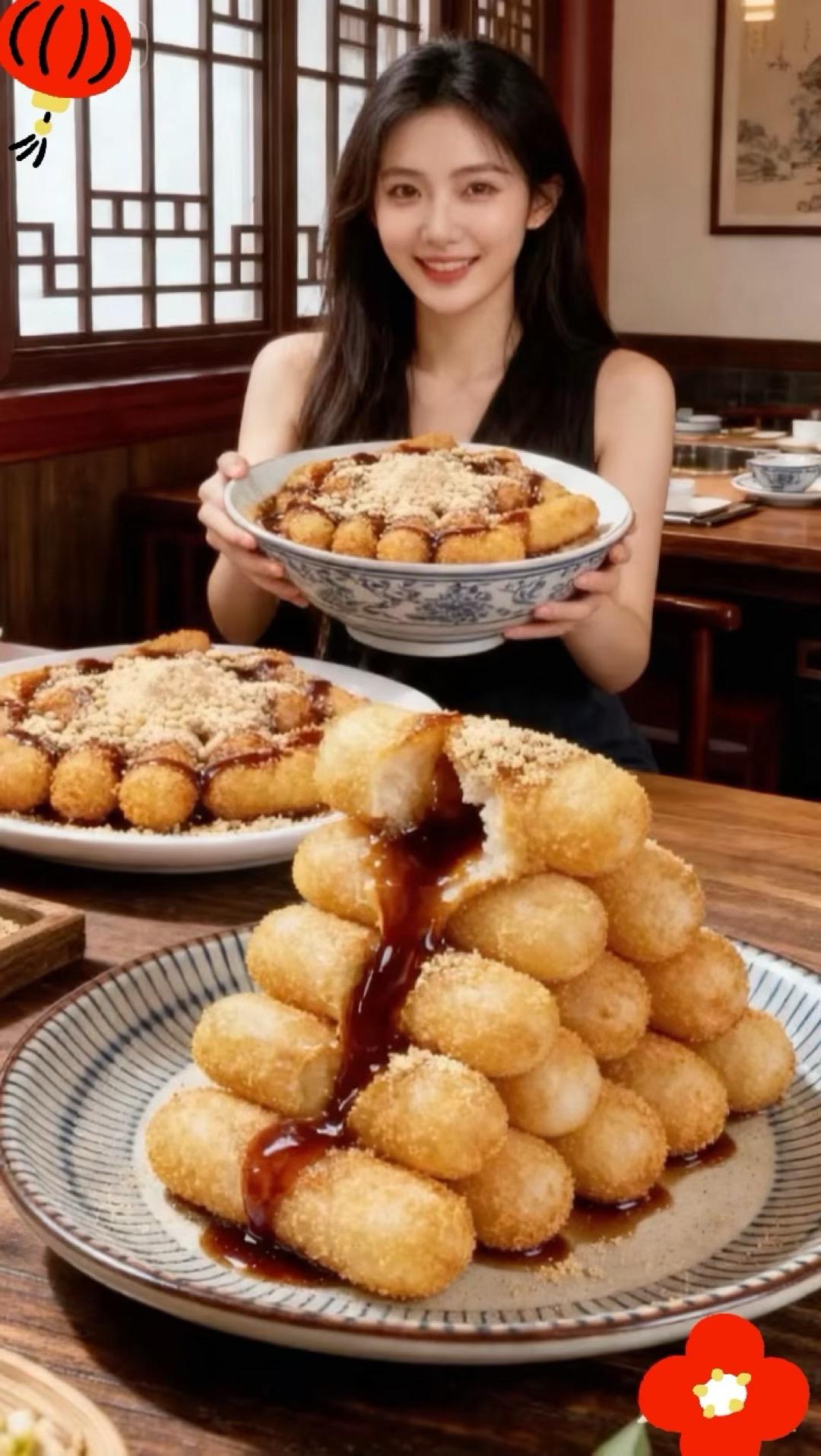 红糖爆浆糍粑，金黄酥皮裹软糯内芯，切口流心超浓郁，红糖浆甜润不齁，外酥...