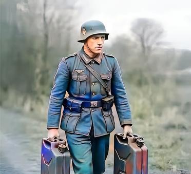 二战时，一名德军士兵双手提着两个油桶。士兵手里的这两个油桶应该是空油桶。因为，每
