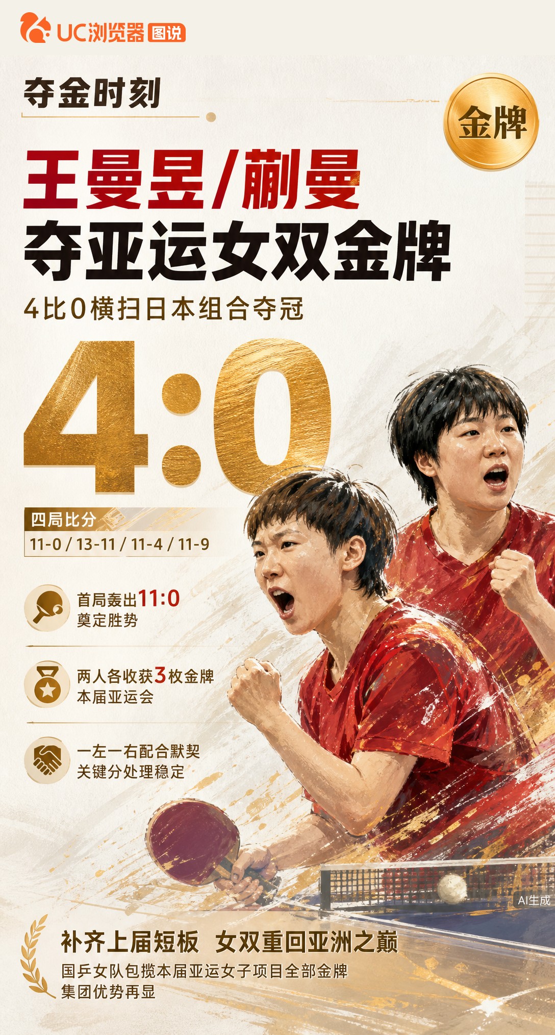 名古屋亚运女双金牌到手！王曼昱/蒯曼4-0横扫日本组合，首局11-0奠定胜势。两人本届均收获3金，也