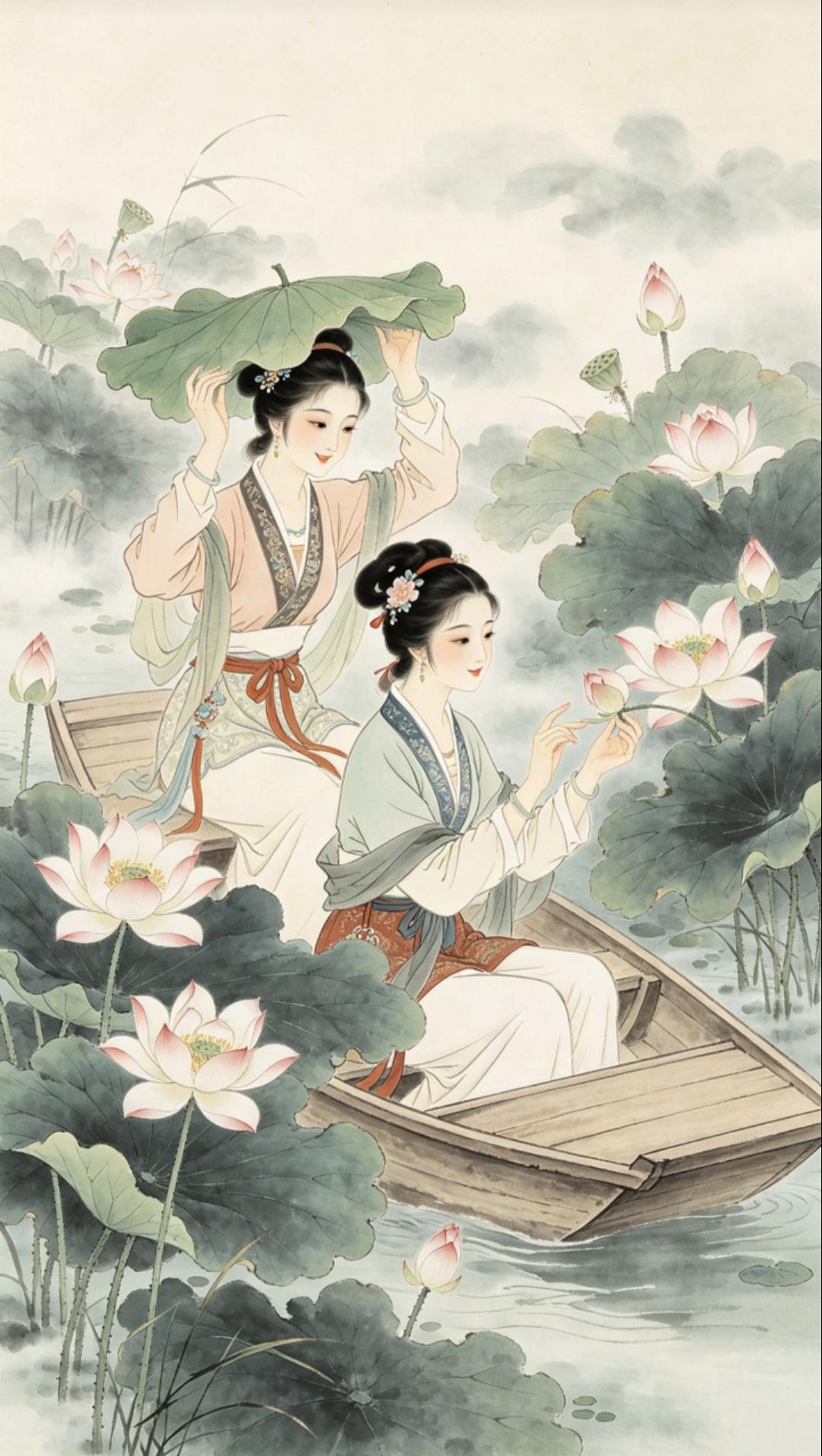 “芙蓉向脸两边开‌，乱入池中看不见…”荷叶当伞，莲花作伴，两位佳人泛舟湖上，笑