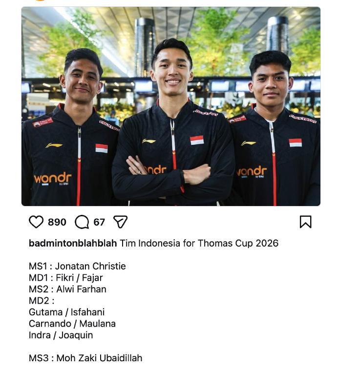 印尼队今年的汤姆斯杯阵容，实力如何？男单1：乔纳坦男双1：阿尔菲安/菲克里