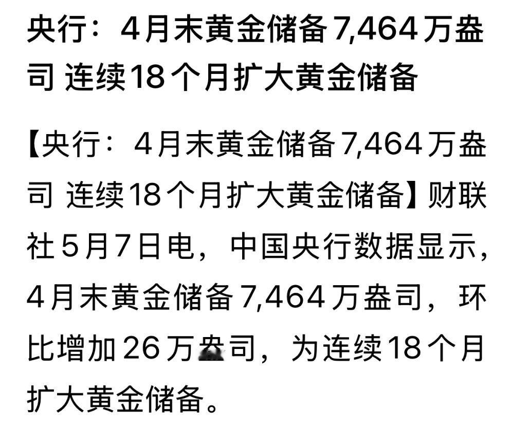央行公布了黄金储备数据，截止4月末，我国黄金储备2321.58吨，增加了8.09
