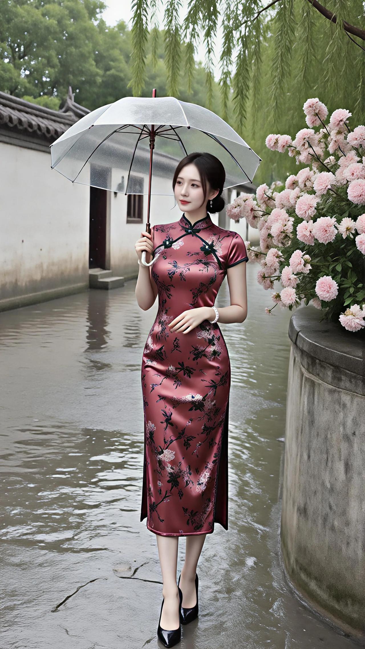 烟雨江南，柳丝轻拂。她着一袭暗红丝绸旗袍，墨色花枝蜿蜒于衣上，立领盘扣勾勒出修长