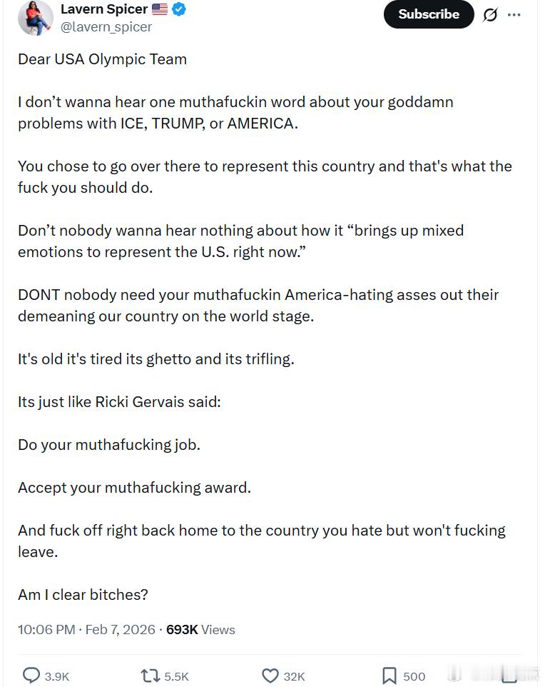 “亲爱的美国奥运代表队：我不想听你们关于ICE、特朗普或者美国的任何狗屁抱怨。你
