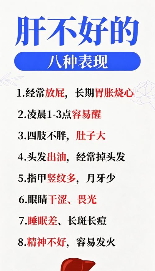 中医认为肝主疏泄，肝脏功能失调时，会在全身多个方面显现蛛丝马迹。下面列出的8