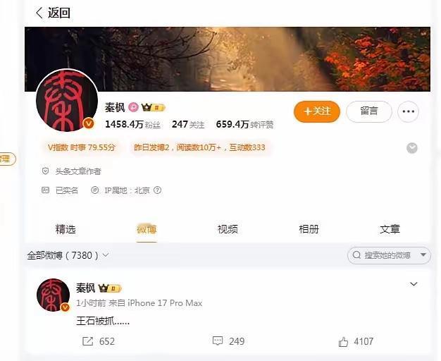 王石被抓？微博知名时政大V、香港卫视综合台台长秦枫的个人微博主页发布的最新一条