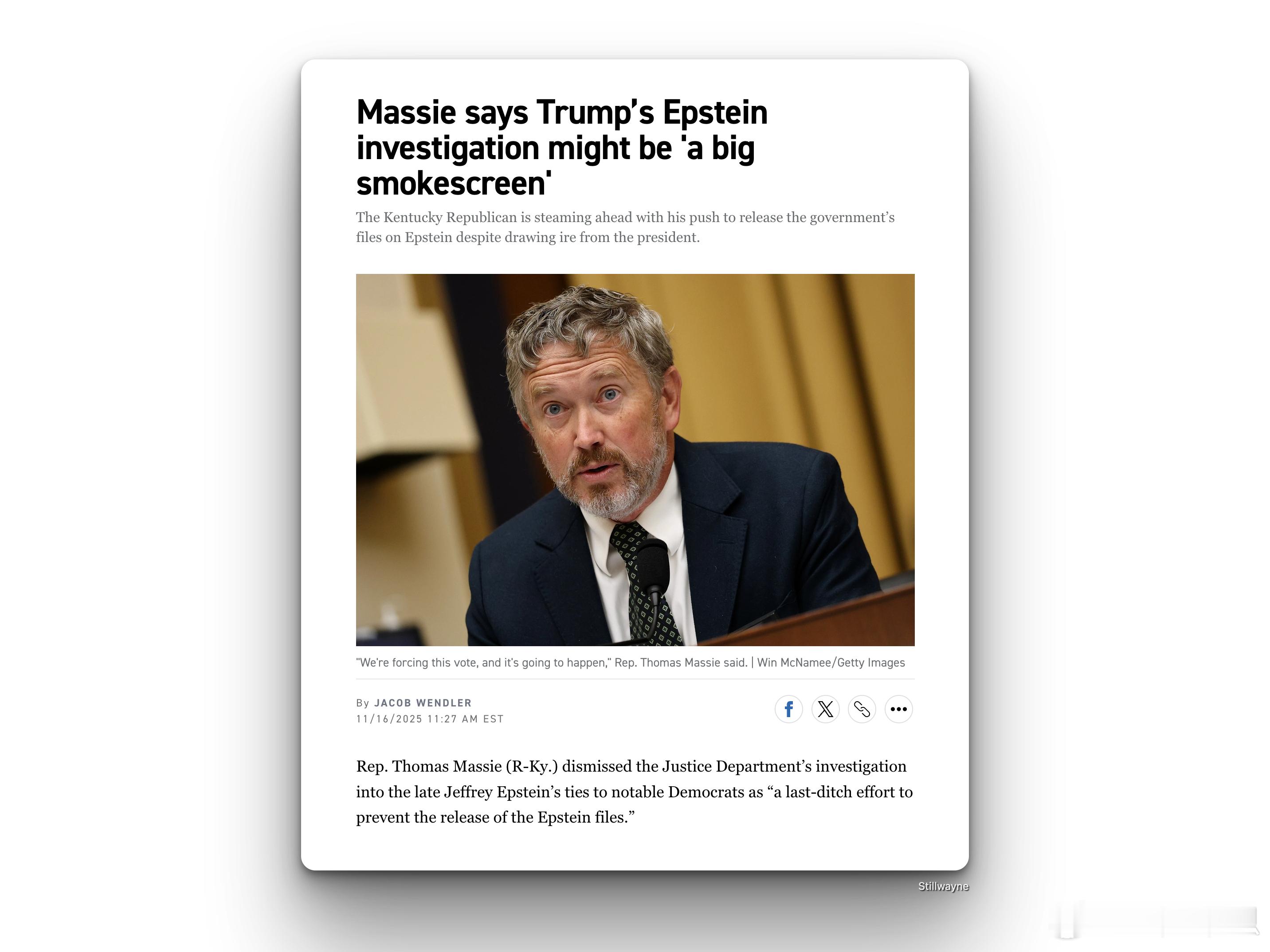 共和党众议员托马斯·马西称特朗普要调查民主党与爱泼斯坦的关系是“阻止爱泼斯坦档案