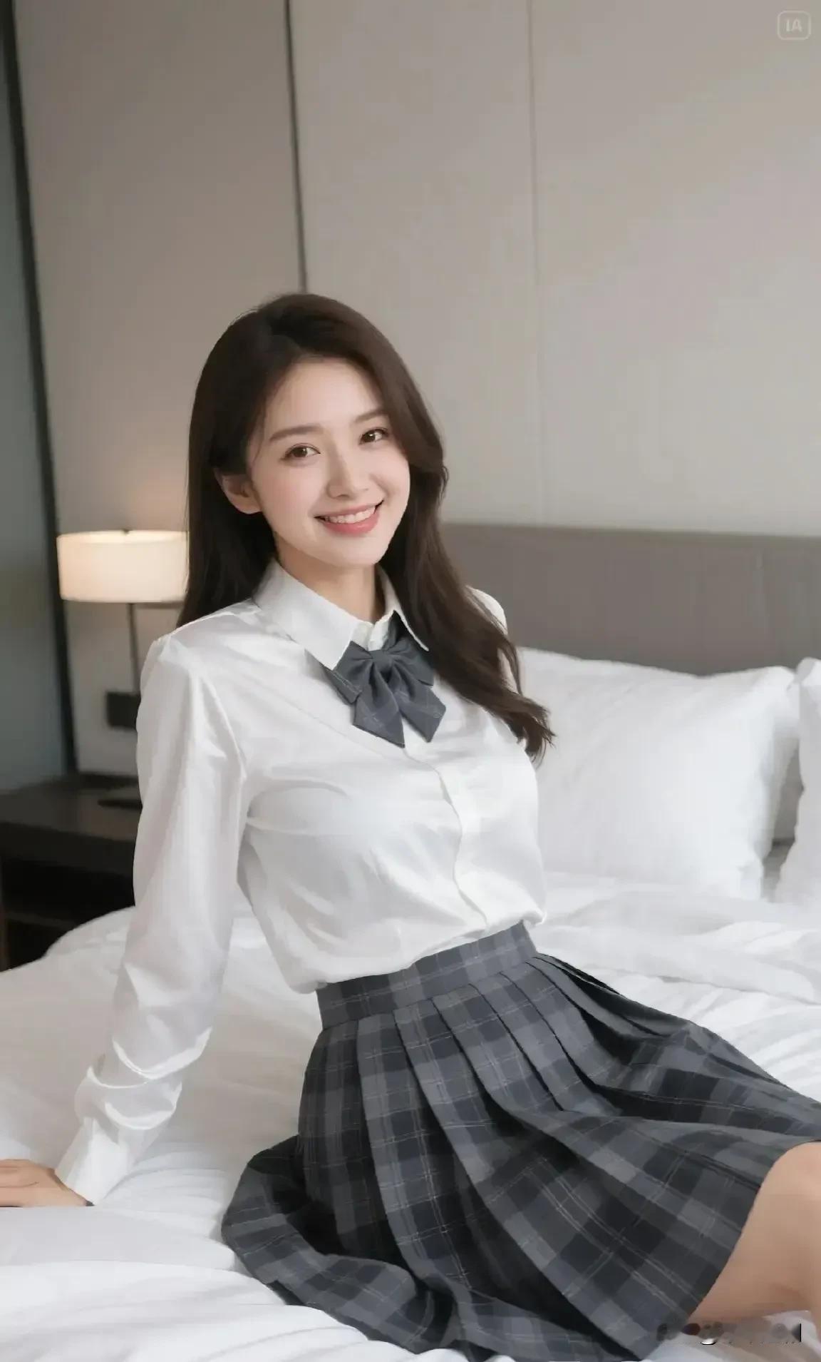 白衬衫的领结坠着轻软，格裙褶边蹭过床沿的暖。笑意漫开时，连空气都裹了层清甜的少年