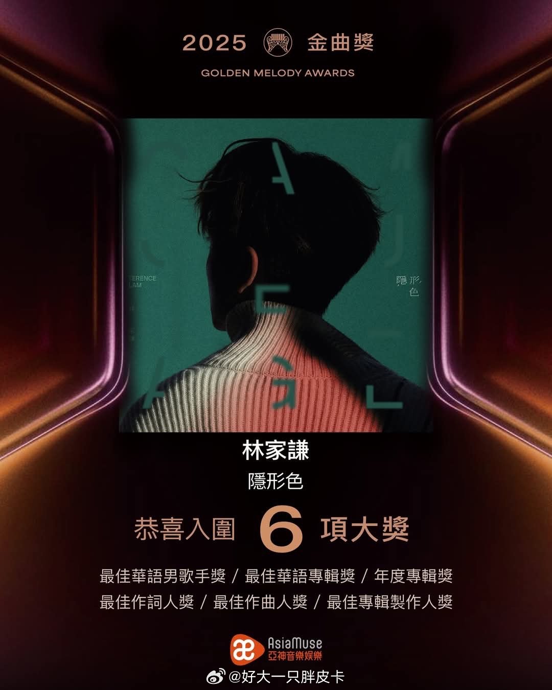 林家谦首张国语专辑《隐形色》提名第36届台湾金曲奖其中六项大奖🎉最佳华语专辑
