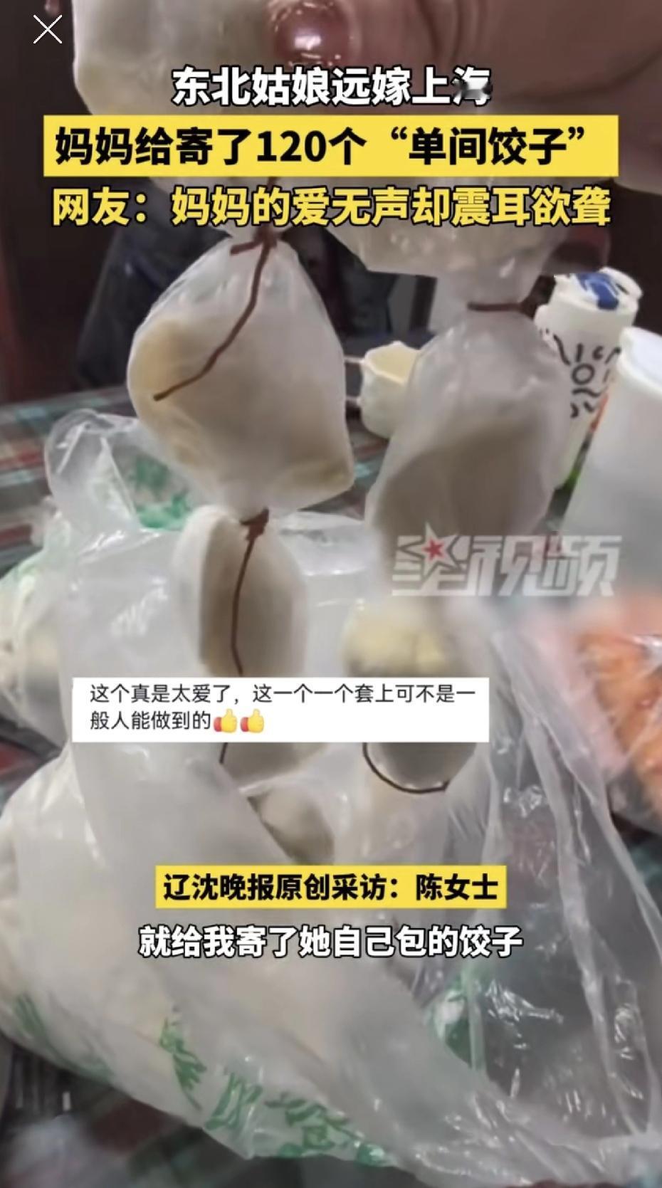 这就是妈妈的爱！上海一位远嫁的姑娘，收到了妈妈从东北老家寄来的120个饺子。打开