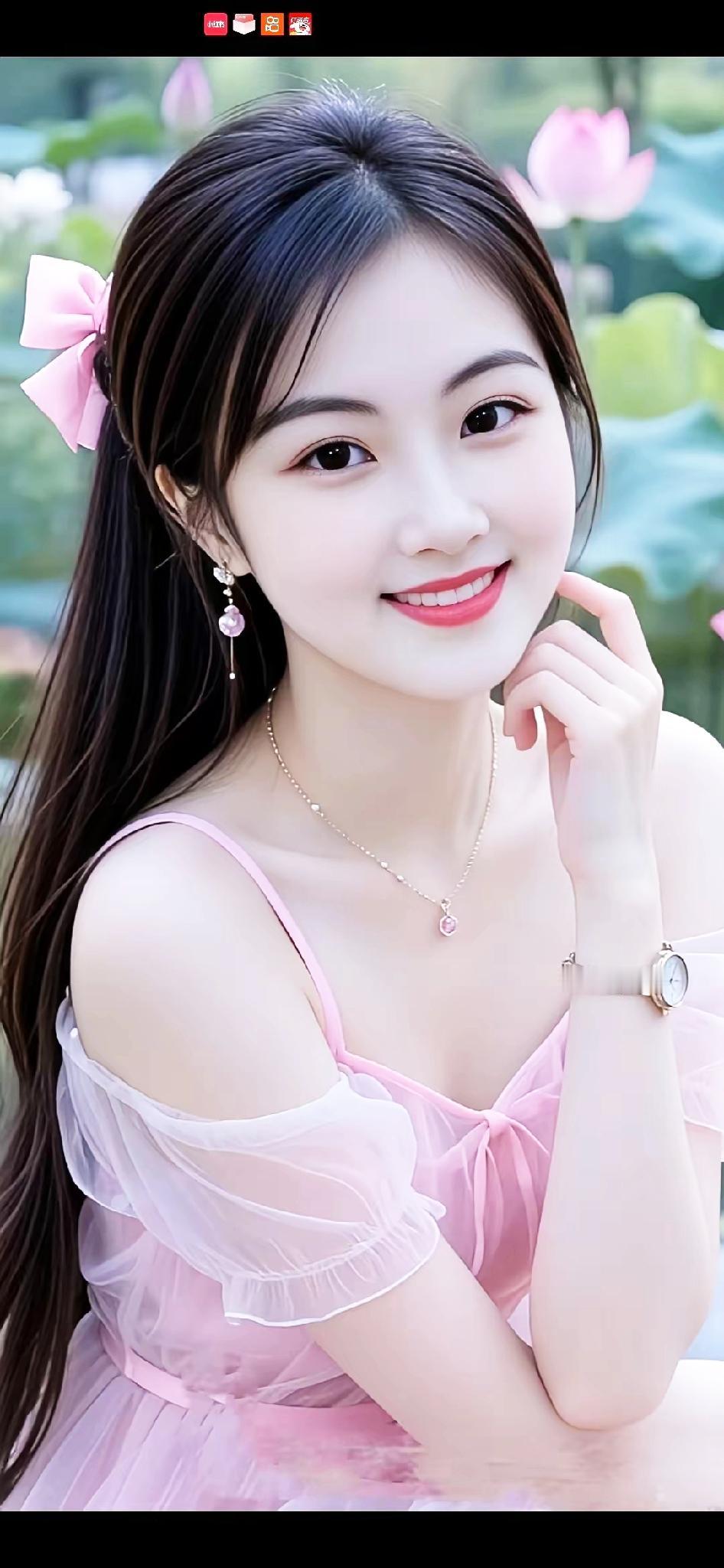 甜美少女风，粉色蝴蝶结发饰，清新自然背景，少女心满满！💖🌸💖