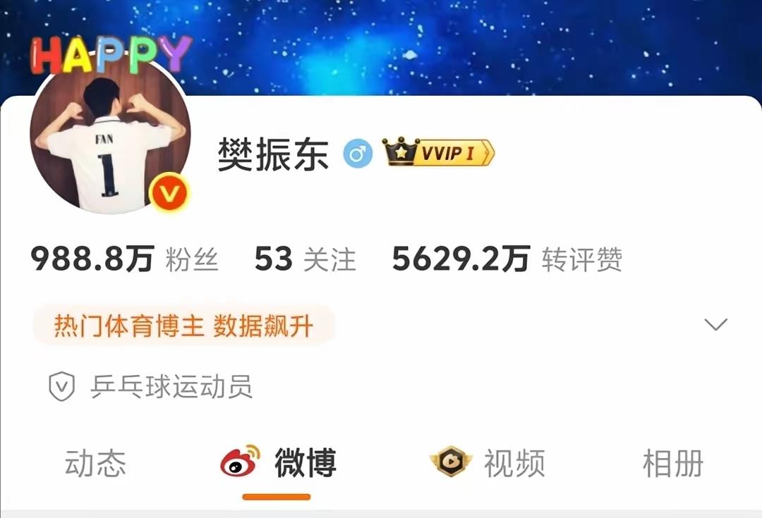 樊振东微博粉丝都988.8万啦，好多人专门为了小胖下载微博，最近粉丝涨得贼快，千