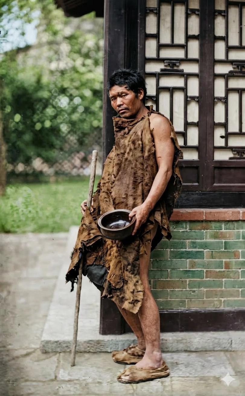 清末，一个无家可归的乞丐站在人家门檐下。一条破毯子就是他全部的衣裳，一根木棍是他