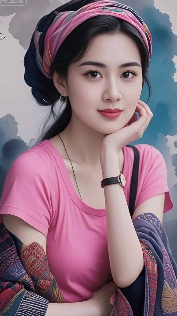 这位小姐姐穿着粉色T恤，搭配头巾，很有个性！