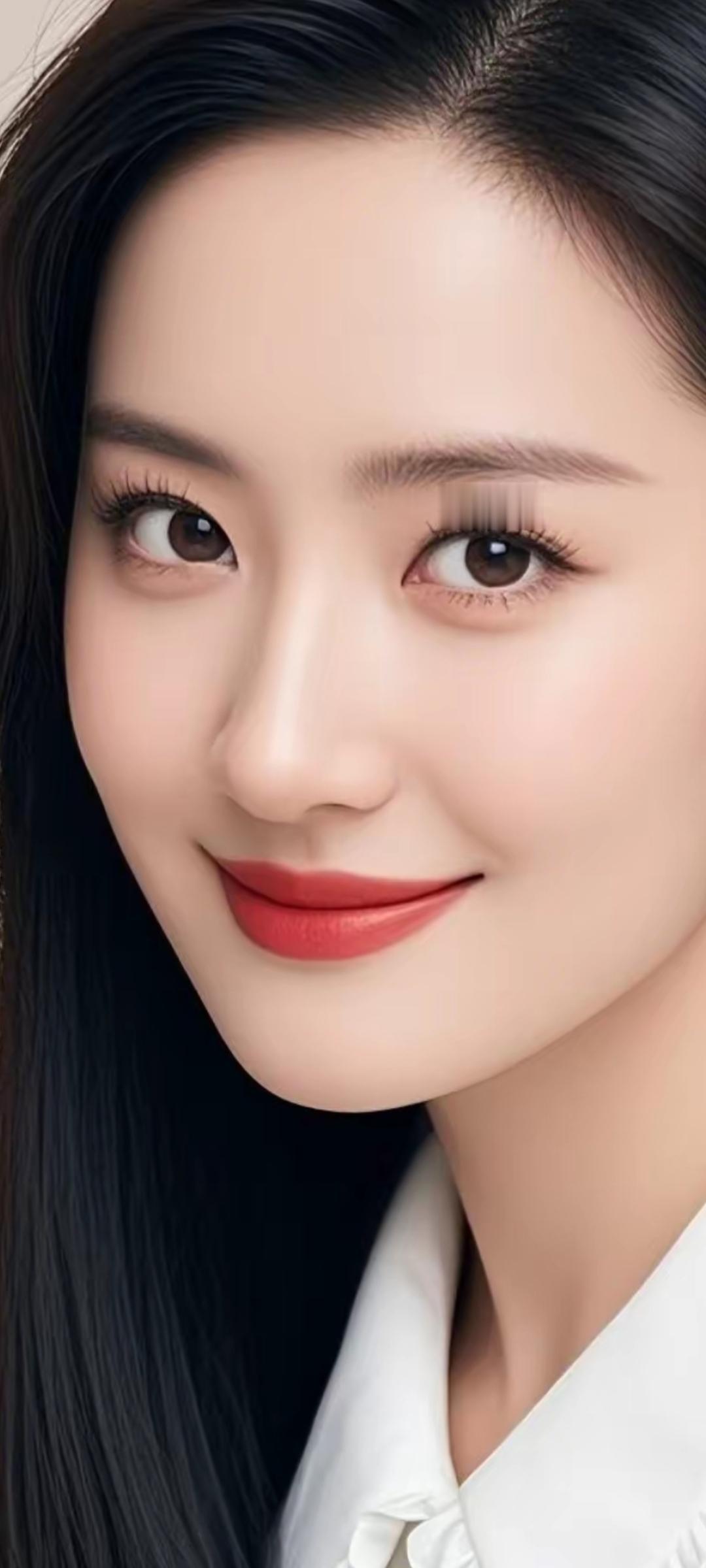 温柔甜美的微笑，红唇与白皙肌肤的完美搭配，散发着优雅的魅力。