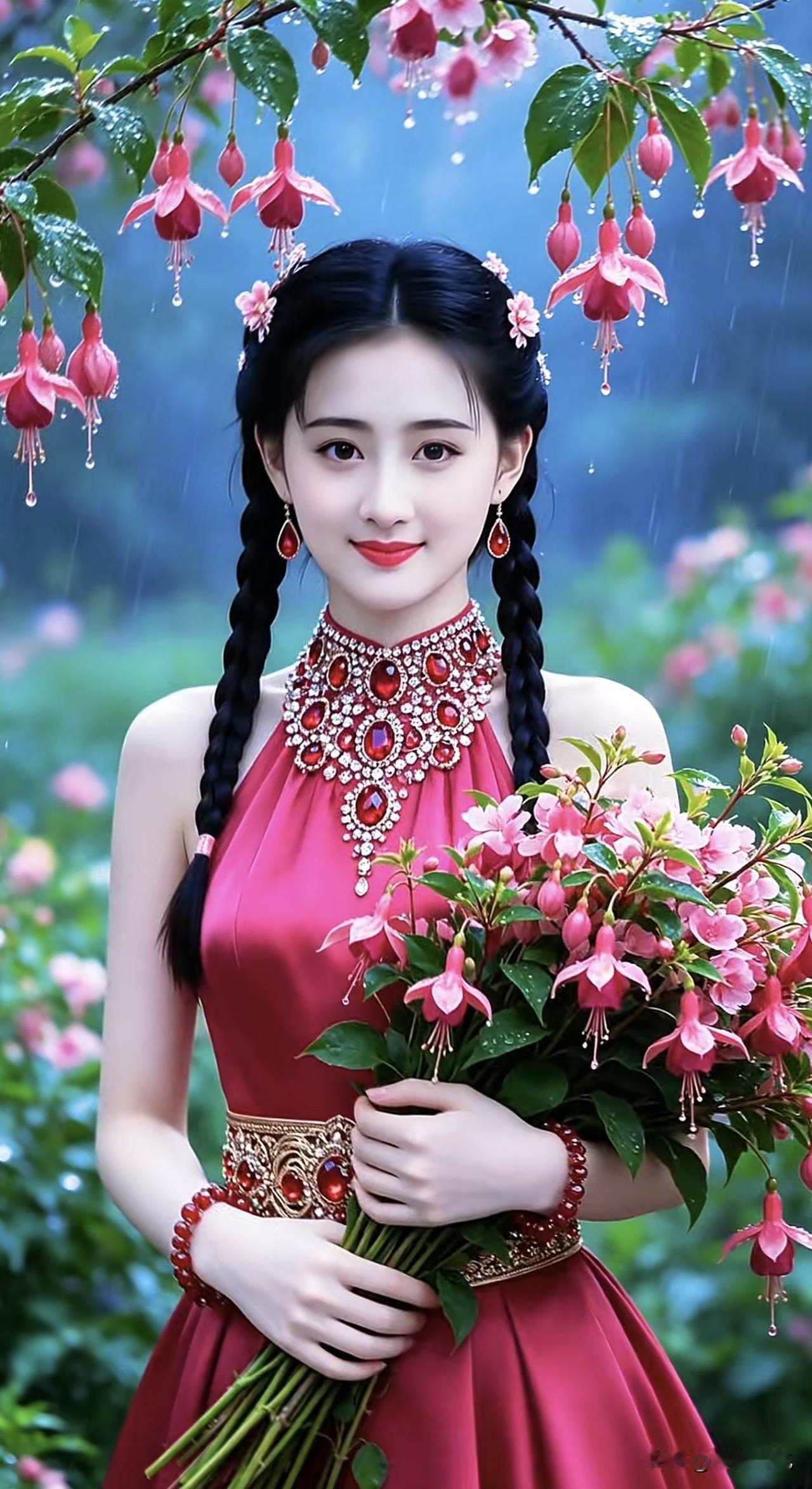 雨中仙子，红衣美人，花海中的梦幻少女紫色花海少女红衣花裙少女红衣温柔少女红