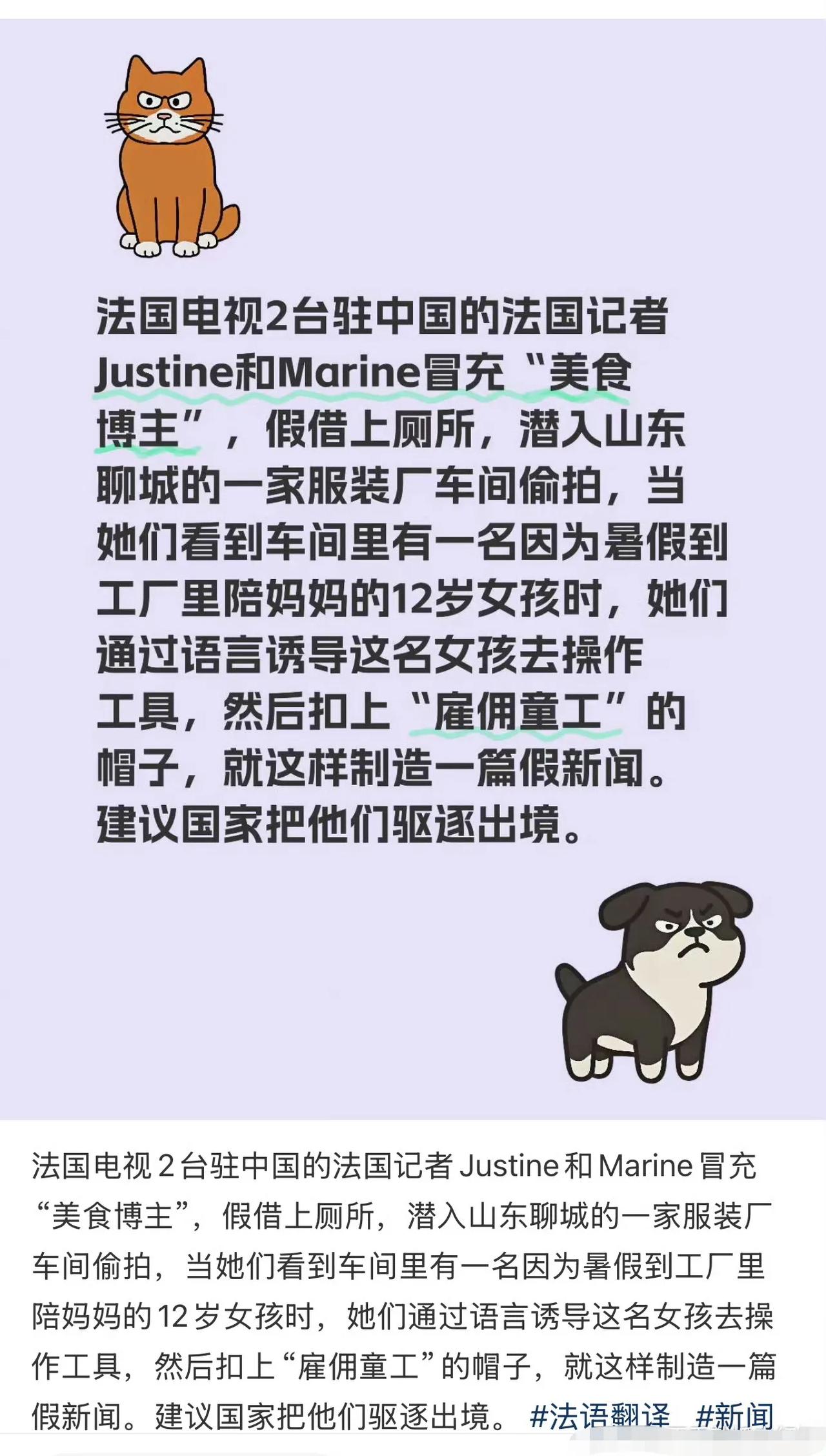 两个法国记者伪装成美食博主，潜入了山东一个迪卡侬代工厂，诱导来找妈妈的小女孩，然